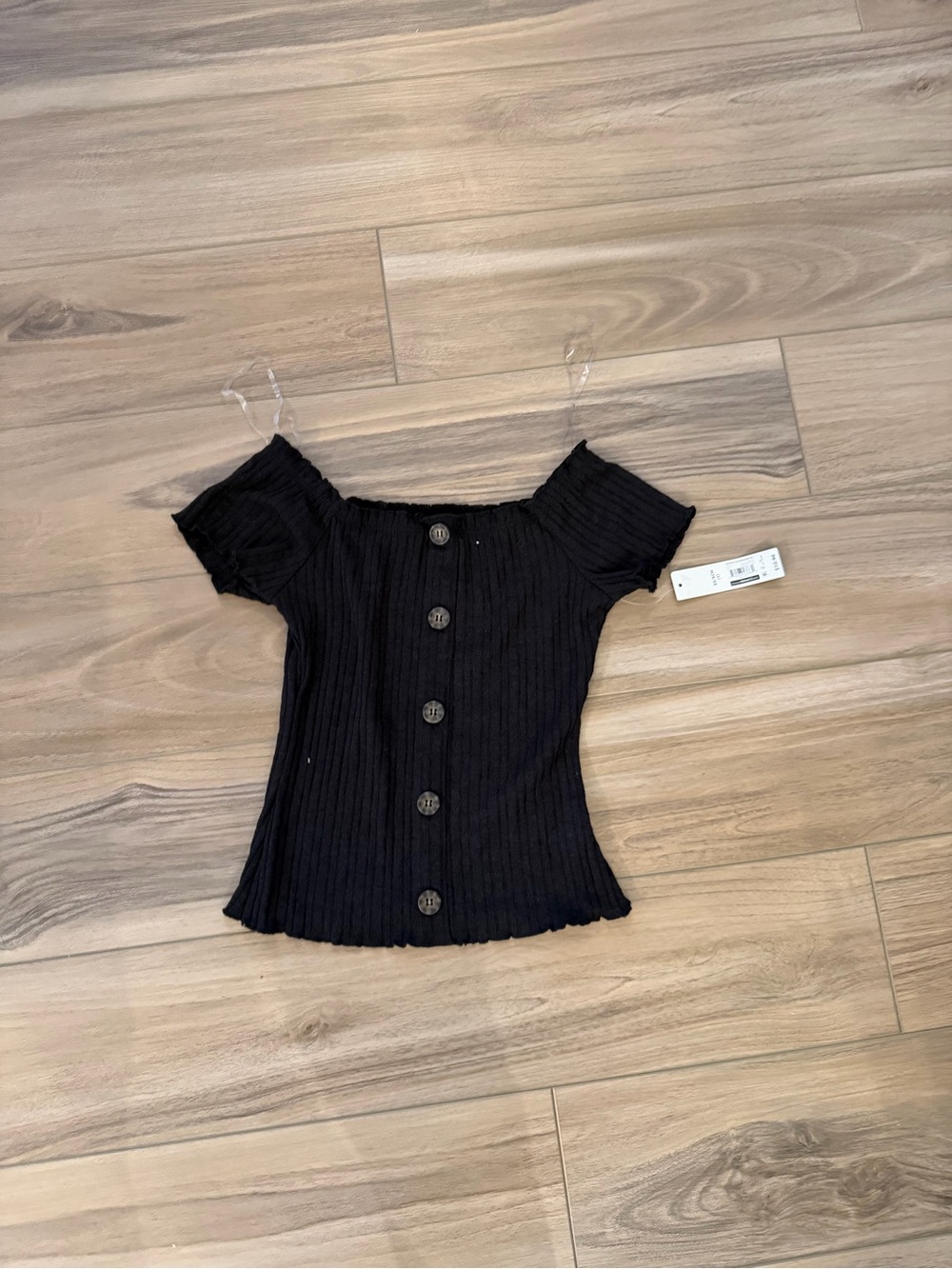 No Boundaries Black Ribbed Off-the-Shoulder Button Top